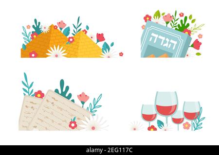 Pesah celebration greeting icons, Jewish Passover holiday. Greeting cards with traditional icons, four wine glasses, Matzah and spring flowers. vector Stock Vector