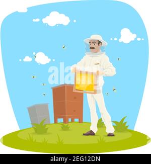 Beekeeper with honeycomb on apiary icon. Mustached apiarist in white protective costume and hat holding beehive frame of honeycomb with honey and bee Stock Vector