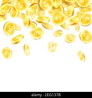 Golden coin rain poster. Falling gold currency or cash money with dollar sign 3d background for business and finance success, wealth and fortune conce Stock Vector