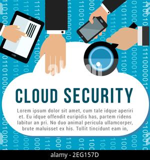 Cloud security poster for cloud computing and data storage technology design. Hand with tablet computer, mobile phone and magnifying glass synchronizi Stock Vector