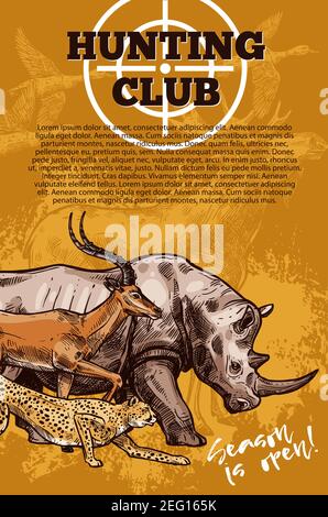 Hunting club banner with shooting target and african safari animal. Rhino, antelope and jaguar, duck, deer and elk sketches for safari trip promo flye Stock Vector