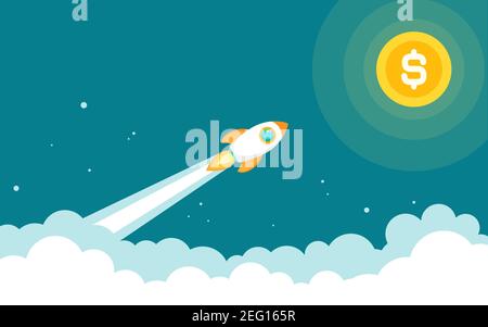 Rocket ship with space, sky clouds and dollar coin as sun. Flat icon. Vector illustration with flying shuttle. Space travel. Space rocket launch. New Stock Vector