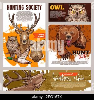 Hunting club banner set with deer, duck and bear, boar, owl and reindeer sketch. Wild forest animal and bird of prey for opening hunting season inform Stock Vector