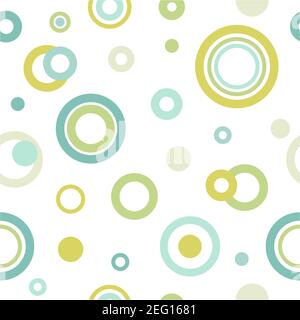 Seamless abstract pattern with green and blue empty overlapping circles of different size. Bubbles and bulbs. White background. Vector. Bright design Stock Vector