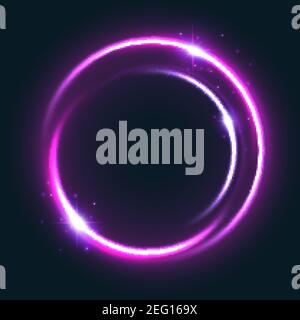 Glowing circle light effect with sparkling star. Shining round frame of violet neon light with bright flare, flash and sparkles on dark background for Stock Vector
