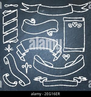 Hand drawn set of vintage chalkboard banners and ribbons Stock Vector