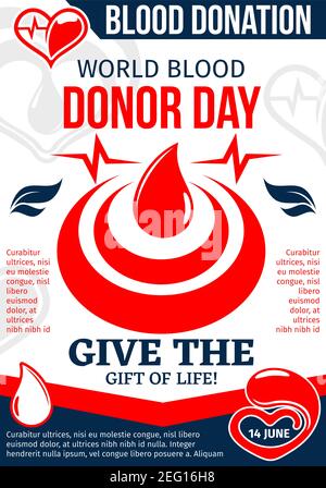 World Blood Donor Day medical poster with red drop of donation blood. Heart with blood and heartbeat line for volunteer donor center promo flyer or tr Stock Vector