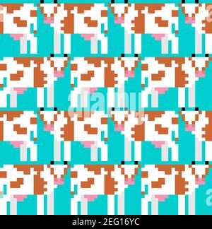 Cow pixel art pattern seamless. 8 bit farm animal backgroundn. vector ornament Stock Vector
