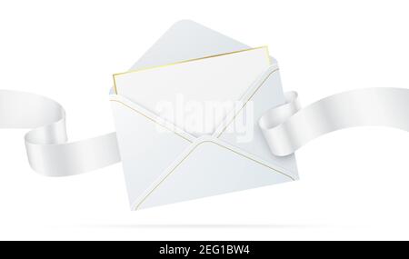 White vector envelope mock up. Opened elegant envelope with the letter, and waving ribbon. Realistic envelope mockup with celebration, greeting, or invitation card, isolated on a white background. Stock Vector