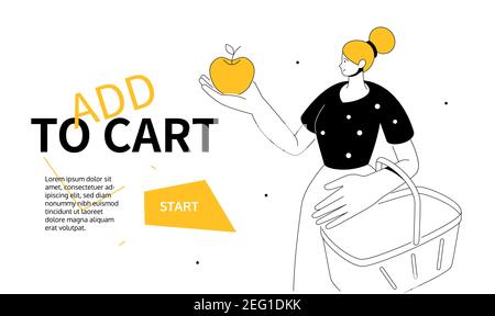Add to cart - modern colorful line design style web banner with copy space for text. Shopping online, e-commerce website header idea. A composition wi Stock Vector