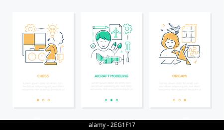 Hobbies - vector line design style web banners with copy space for text. Entertainment, education for children idea. Chess, aircraft modelling, origam Stock Vector
