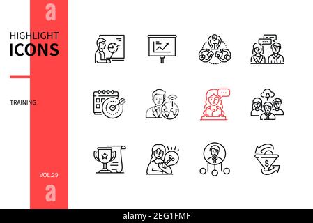 Business training - line design style icons set. Coaching and management idea. Presentation, meeting, discussion, long-term goals, international confe Stock Vector
