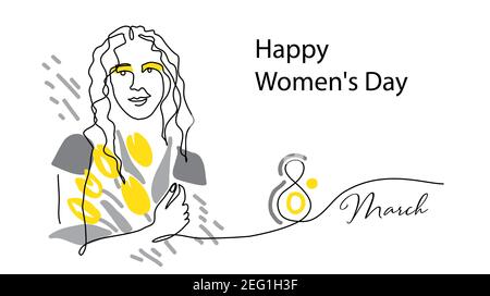 8 March mother greeting, invitation, congratulation card. Face line art with tulips, one continuous line drawing portrait. Modern lineart vector woman Stock Vector