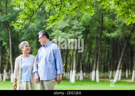 Happy old couple walking in the park hand in hand Stock Photo