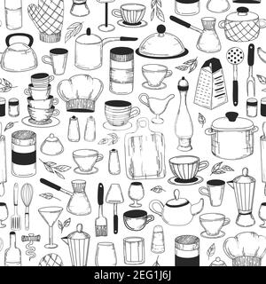 Vintage seamless background. Kitchen tools. Doodle sketch utensils hand-drawn with ink. Can be used for wallpaper, pattern fills, textile, web page Stock Vector