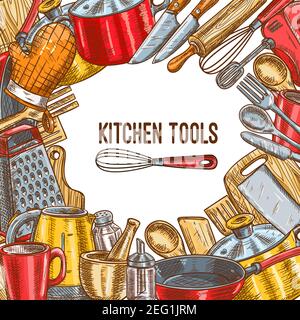 Kitchen tool and utensil sketch poster. Kitchenware frame with knife, spoon and fork, cooking pot, pan and cup, grater, kettle and spatula, rolling pi Stock Vector
