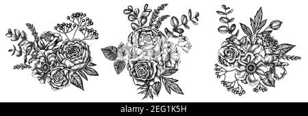 Flower bouquet of black and white roses, anemone, eucalyptus, lavender, peony, viburnum Stock Vector