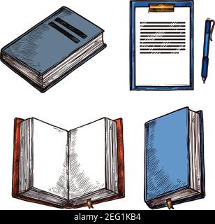 Old vintage books and notepad sketch icons for rarity bookshop or book store. Vector design of ancient rare books open or closed and modern notebook w Stock Vector