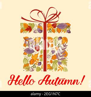 Sign present of leaves and floral and herbal elements autumn mood. Hello autumn words on beige background. Poster design, symbol of autumn coming. Bad Stock Vector