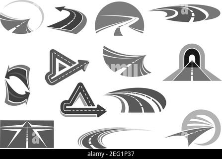 Road vector icons set. Symbols of highways and motorways with tunnels and traffic marking and direction arrows for transport or repair and constructio Stock Vector