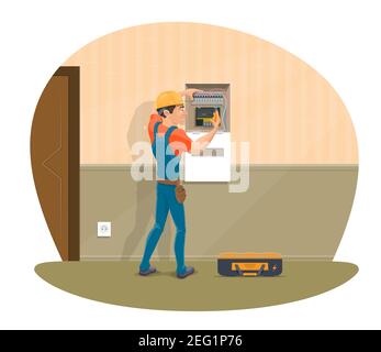 Electrician at work repairing home electricity with electrical work tools. Vector flat design of electircian man profession, changing fuse or wires an Stock Vector