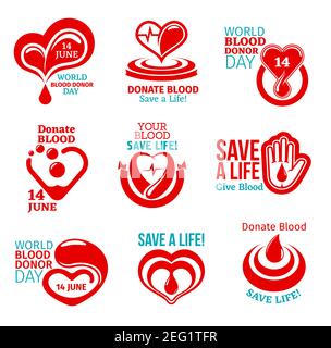 World Blood Donor Day icon set for health charity themes design. Heart and helping hand medical symbol with red drop of donation blood, ribbon banner Stock Vector