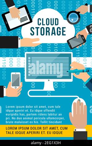Cloud storage technology banner with computer device. Computer, tablet pc and mobile phone connected to network cloud service flat poster for data sto Stock Vector