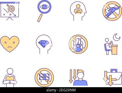 Procrastination RGB color icons set Stock Vector