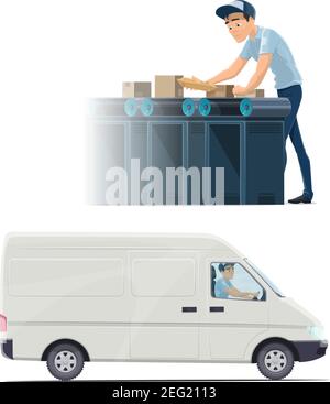 Post office and delivery service profession icon with postman and delivery man. Postal worker sorting mail and parcel on conveyor belt, delivery man d Stock Vector