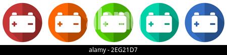 Battery, power storage icon set, flat design vector illustration in 5 colors options for webdesign and mobile applications Stock Vector