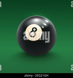 Eight pool ball on green billiard table 3d poster for billiards sport game design. Black ball with 8 number for snooker or billiards sport club and le Stock Vector