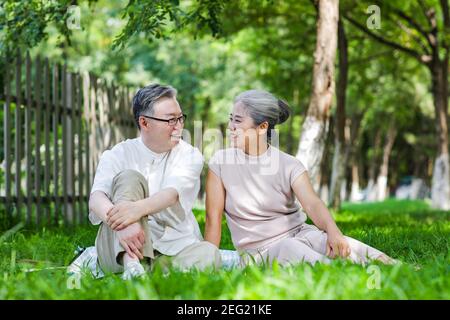 Outdoor portrait of happy old couple sitting on the grass Stock Photo