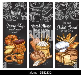 Baker shop menu chalkboard, bread and pastry, bakery food vector sketch ...