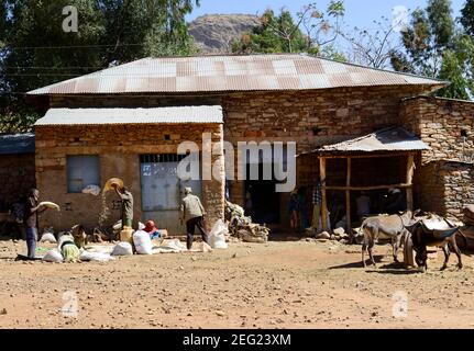 Tigrayan people processing maze outside a milling station in the Tigray region of northern Ethiopia. Stock Photo