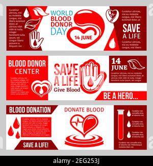 Blood Donor medical center banner set for blood donation template. Red drop of blood with heart and helping hand symbol for World Donor Day promotion Stock Vector