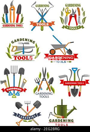 Gardening tool badge with instrument and equipment for farming and garden work. Shovel, rake and wheelbarrow, fork, trowel and watering can, spade, pi Stock Vector