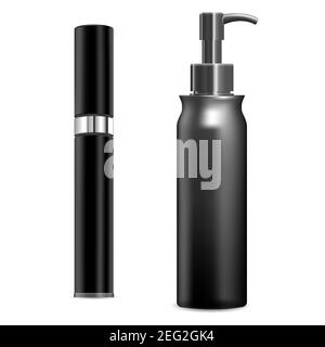 Cosmetic spray mockup. Plastic container blank, vector, on white background. Pump cream tube template. Dispenser bottle mockup for beauty product, rou Stock Vector