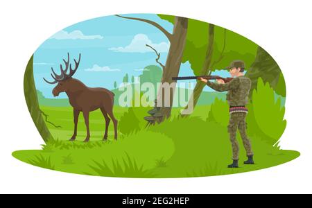 Hunter hunting elk in forest hunt. Vector flat desing of hunter man with rifle in camouflage outfit on hunting open season for wild elk antlers or dee Stock Vector