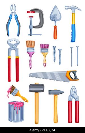 Work tool icon set of watercolor home repair instrument and equipment. Hammer, pliers and screw, paint, brush and roller, saw, nails and trowel, cutte Stock Vector