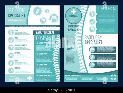 Orthopedics health center or radiology orthopedic research company brochure templates. Vector flat design of body joints and spine bones for orthopedi Stock Vector