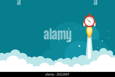 red stopwatch rocket ship with fire and sky with clouds. Fast time stop watch, limited offer, deadline symbol. Vector illustration on blue. Time to wo Stock Vector