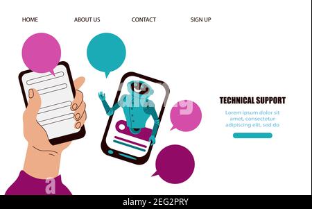 Website banner template for online technical support service chat, cartoon vector illustration. Landing page with chatbot hotline operator advises cli Stock Vector