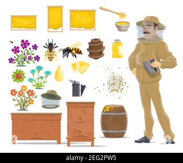Honey bee and beekeeping farm icon set. Bee, honey jar, drop and dipper in bowl, honeycomb frame, flower and apiary beehive, beekeeper in protective s Stock Vector