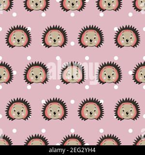 Vector flat animals colorful illustration for kids. Seamless pattern with cute hedgehog face on pink polka dots background. Adorable cartoon character Stock Vector