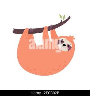 Cute hand drawn sloth hanging on the tree. Stock Vector