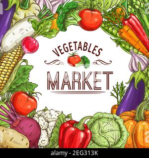Vegetable market poster with frame of fresh farm veggies sketch. Tomato, carrot and chili pepper, garlic, cabbage and pea, radish, broccoli and eggpla Stock Vector