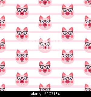 Vector flat animals colorful illustration for kids. Seamless pattern with cute pig face in sunglasses on white striped background. Adorable cartoon Stock Vector