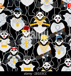 Panda gangster gang pattern seamless. Cool Bear Gang of bandits background. SWAG gangsta texture. Animal guy rapper ornament Stock Vector