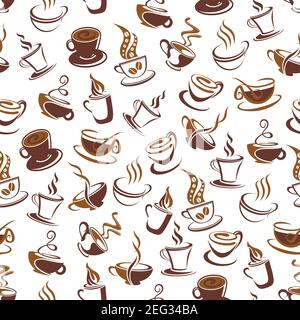 Coffee seamless pattern background of natural hot drink in cup. Brown mug of coffee, espresso, cappuccino and latte with swirling line of steam and ro Stock Vector