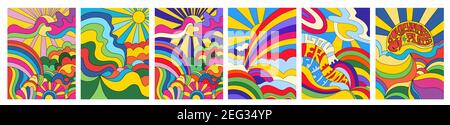 Set of 6 brightly colored psychedelic landscapes Stock Vector